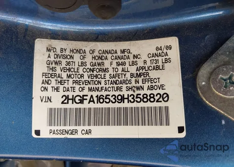 2009 Honda Civic Lx z USA, uszkodzony, nr VIN 2HGFA16539H358820